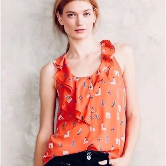 Maeve Anthropologie Blouse Womens 2 Preppy Office Flirty Summer Career Orange - Picture 2 of 10